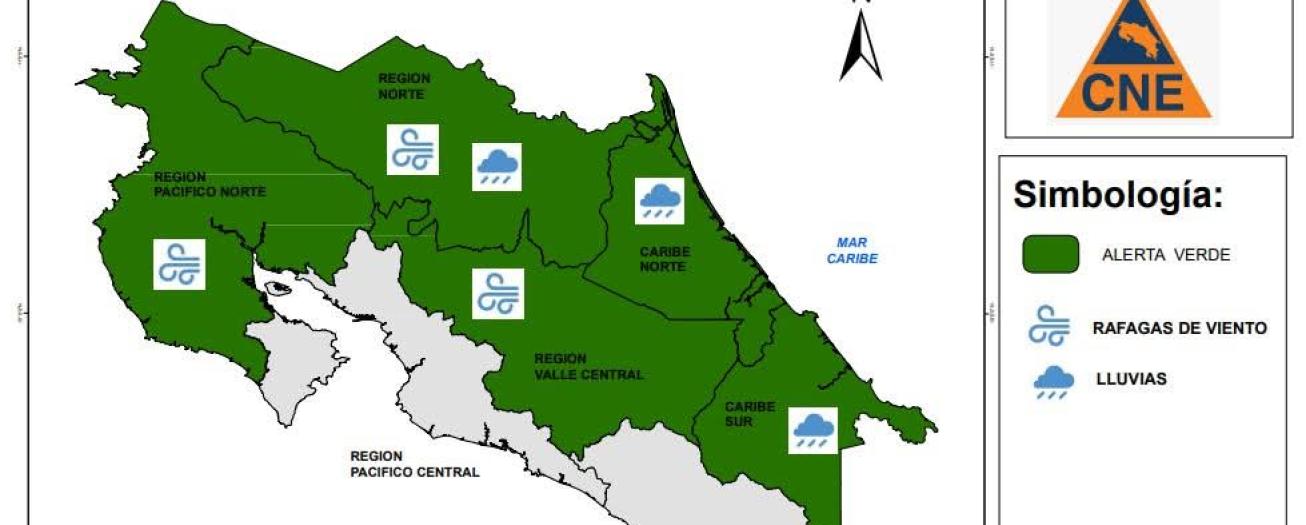 CNE declara Alerta Verde para el Valle Central, Pacífico Norte, Zona Norte y Caribe 