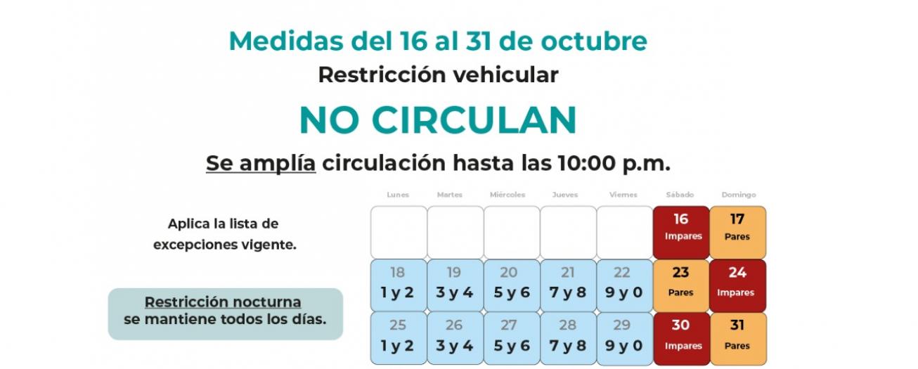 Horario de restricción vehicular sanitaria  será de 10 p.m. a 5 a.m.