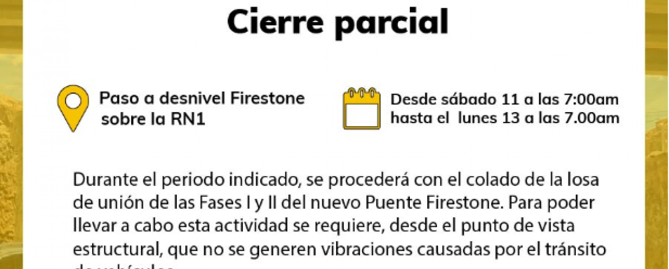 Cierre parcial en Firestone este fin de semana